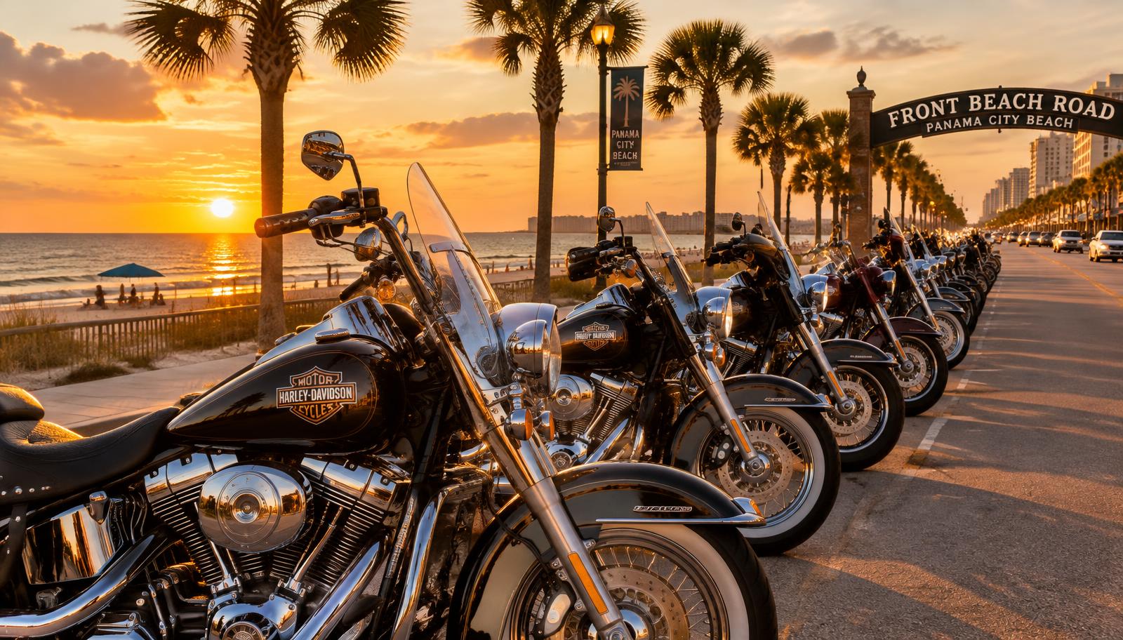 Motorcycles lined up on Front Beach Road at sunset